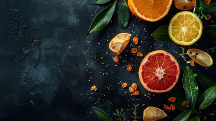 Wall Mural - Assorted citrus fruits with green leaves on dark textured surface