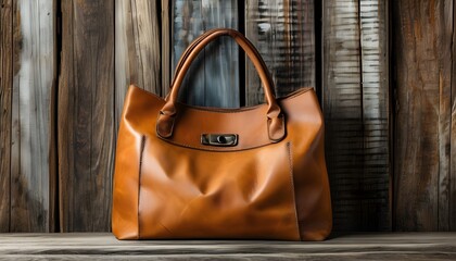 Stylish distressed brown leather tote bag resting on a rustic wooden surface