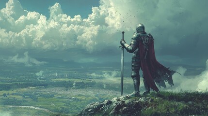 Medieval Knight Standing on Clifftop with Sword  Looking at Village and Cloudy Sky