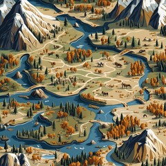 Poster - A winding river meanders through a lush forest, surrounded by mountains and dotted with trees and animals.