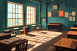 © Noufaldi - A serene classroom with wooden furniture and sunlight streaming through large windows.