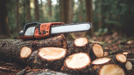 A chainsaw lying on cut firewood in a dense forest, symbolizing the process of harvesting wood and forest management