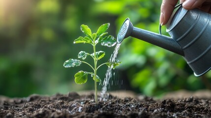Aufkleber - A hand carefully waters a delicate sprout with a small, fine-spout watering can, with a clean and clear background highlighting the plant.