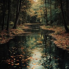 Sticker - A winding stream through an autumn forest.