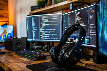 Computer monitor with programming code and headphones in the office