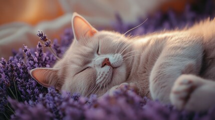 Wall Mural - A peaceful cat sleeping among lavender flowers, radiating tranquility and comfort.