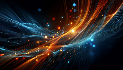 Abstract dynamic flowing lines in vibrant orange blue hues composition evokes a feeling of motion and light suggesting a digital or futuristic theme against a dark background