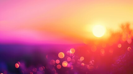 Wall Mural - warm gradients of sunset hues - orange, pink, and purple - blending with soft, blurred bokeh lights 
