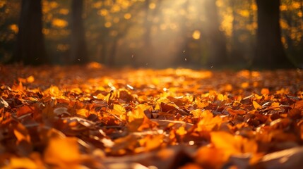 Wall Mural - Vibrant orange autumn leaves scattered across a forest floor with gentle sunlight filtering through the trees