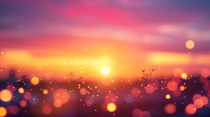 Wall Mural - warm gradients of sunset hues - orange, pink, and purple - blending with soft, blurred bokeh lights 
