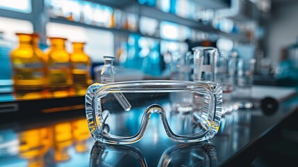 Laboratory counter with safety goggles and experimental samples