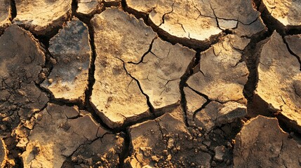 A close-up of cracked earth in a dried-up field, showing the harsh reality of climate change and drought