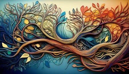 Organic network of roots and branches, natural colors, and intricate patterns