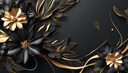 Sophisticated black and gold floral pattern with dynamic lines and three-dimensional blossoms, ideal for backgrounds and elegant invitations.