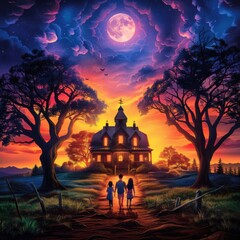 Wall Mural - Family Walking Towards Mysterious House Under Full Moon and Starry Sky