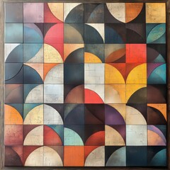 Wall Mural - Abstract art piece with a wood frame and a geometric pattern with semicircles.