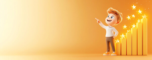 cheerful child pointing at a shining bar graph with stars, symbolizing growth and potential in a vib