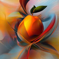 Sticker - Abstract art with a single orange fruit in a swirling background of colorful lines and curves.