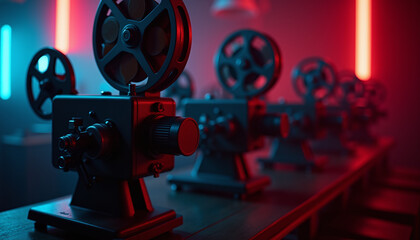 Detailed close-up of retro film projectors glowing in a dark room filled with neon accents