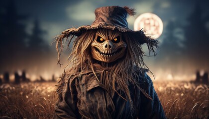 Scarecrow in realistic goblin shape, Halloween

