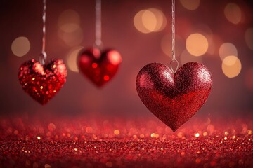 Sparkling Valentines Day Background With Red Glitter And Hanging Hearts, Romantic Love Concept