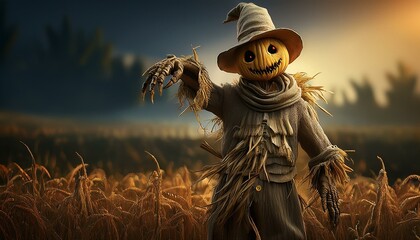 Scarecrow in realistic goblin shape, Halloween

