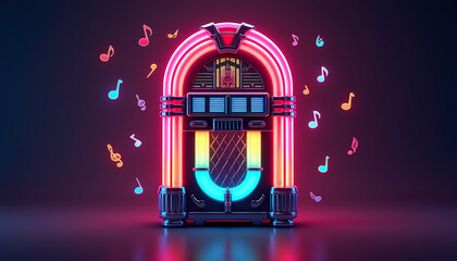 A glowing retro jukebox surrounded by neon-colored musical notes