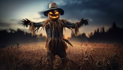 Scarecrow in realistic goblin shape, Halloween

