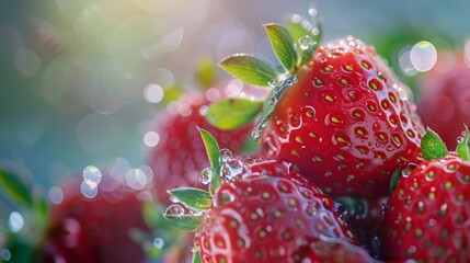 Poster - A vibrant close-up of fresh, juicy strawberries with dewdrops on their surface, arranged against a soft, blurred background.
