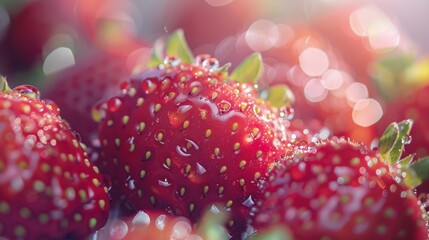 Poster - A vibrant close-up of fresh, juicy strawberries with dewdrops on their surface, arranged against a soft, blurred background.