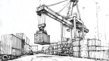 Black and white sketch of a crane driver lifting a container in a busy port, stark contrast, Minimalist, Ink, Monochrome