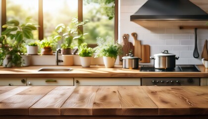 Wall Mural - Rustic Wooden Table in Cozy Sunlit Kitchen with Blurred Background of Plants and Kitchenware, Ideal for Cooking Blogs and Interior Design Concepts, Warm and Inviting Home Setting for Food Photography