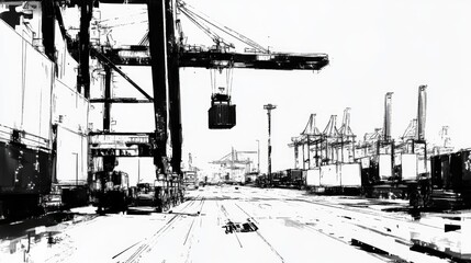 Wall Mural - Black and white sketch of a crane driver lifting a container in a busy port, stark contrast, Minimalist, Ink, Monochrome