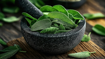 Canvas Print - Close-up image of fresh sage leaves in a dark stone mortar on a wooden surface, with additional sage leaves scattered around, highlighting the texture and green color.