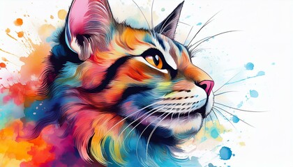 Creative, colorful illustration of a cat's profile with vibrant watercolor splashes blending into a white background, symbolizing imagination and art.