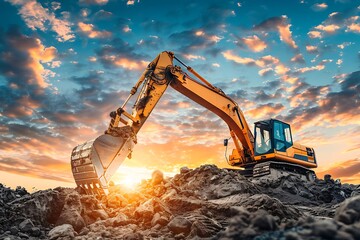 Excavator working on construction site at sunset