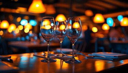 Mysterious ambiance of an empty glass on a table amid a softly lit restaurant with blurred figures in the background.