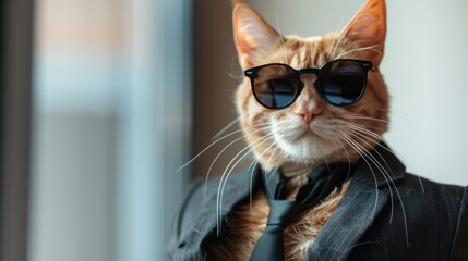 Cat in a business suit and sunglasses, looking stylish, uncluttered white backdrop, crisp lighting