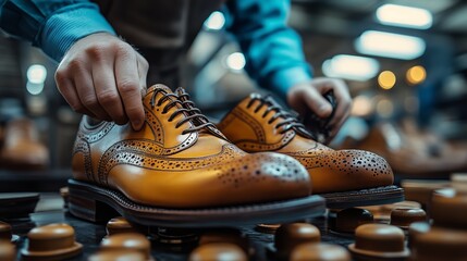 Close-up view of a worker’s hands carefully finishing high-quality brogue shoes on an assembly line in an industrial shoe factory