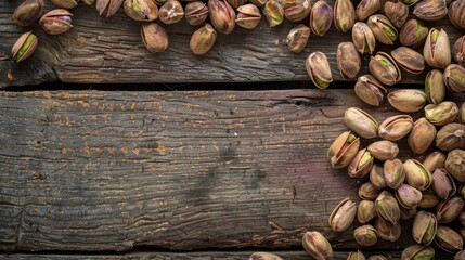 Wall Mural - Close-up of shelled pistachio nuts scattered on a wooden surface, highlighting their vibrant green and brown hues.