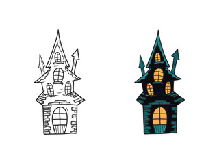 Hand drawn vector creepy haunted house castle with ghosts, with yellow window light and turquoise elements. Sketch illustration in doodle engraved vintage line art style. Happy Halloween coloring book