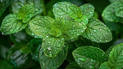 Aufkleber - Dew-covered mint leaves showcasing natural freshness and detailed veins