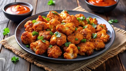 Delicious and crispy barbecue cauliflower wings on a plate , Barbecue, cauliflower, wings, vegan, plant-based, appetizer, food