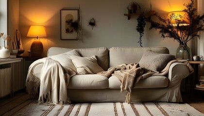 Inviting living room illuminated by warm lighting, featuring a comfortable couch draped with a soft blanket