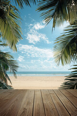 A serene view of an empty wooden floor overlooking beautiful beach scene framed by lush palm leaves. clear blue sky and gentle waves create tranquil atmosphere