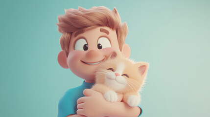 A cheerful cartoon character is holding fluffy kitten, both smiling joyfully. scene radiates warmth and happiness, showcasing delightful bond between them