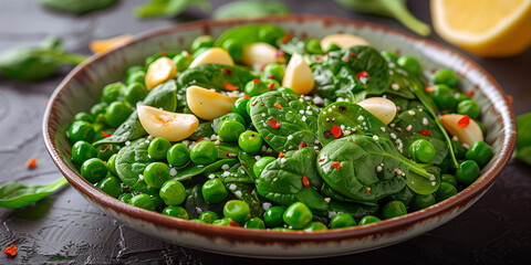 Wall Mural - Pea and Spinach Sauté of sautéed green peas and baby spinach leaves with garlic, lemon zest, and red pepper flakes.