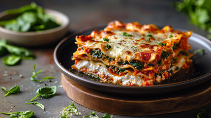 Wall Mural - Spinach Lasagna: Layered lasagna noodles with a filling of ricotta cheese, spinach, marinara sauce, and mozzarella cheese.