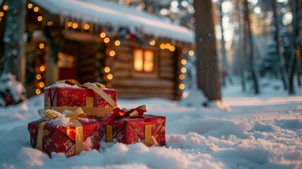 Poster - Assorted gift boxes on snow with a cozy cabin in the background