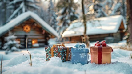 Poster - Assorted gift boxes on snow with a cozy cabin in the background